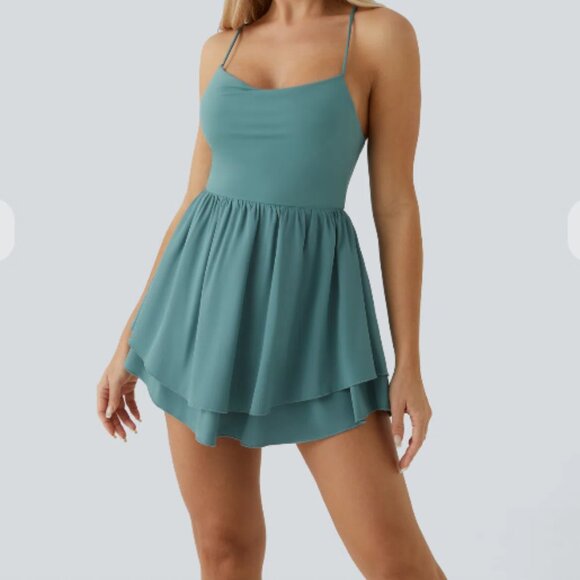 NWT NEW Halara Breezeful Backless Lace Up Tiered Mini Dress in Mineral Blue XL - Picture 1 of 9